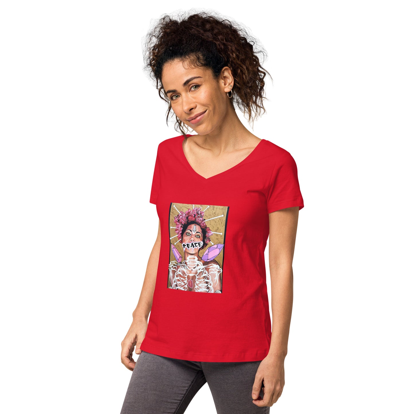 Eng anliegendes Damen-T-Shirt mit V-Ausschnitt PEACE