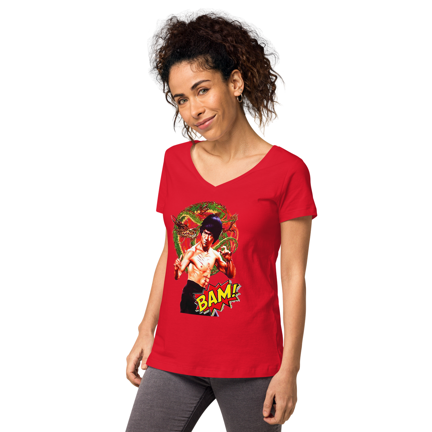 Eng anliegendes Damen-T-Shirt mit V-Ausschnitt Bruce Lee