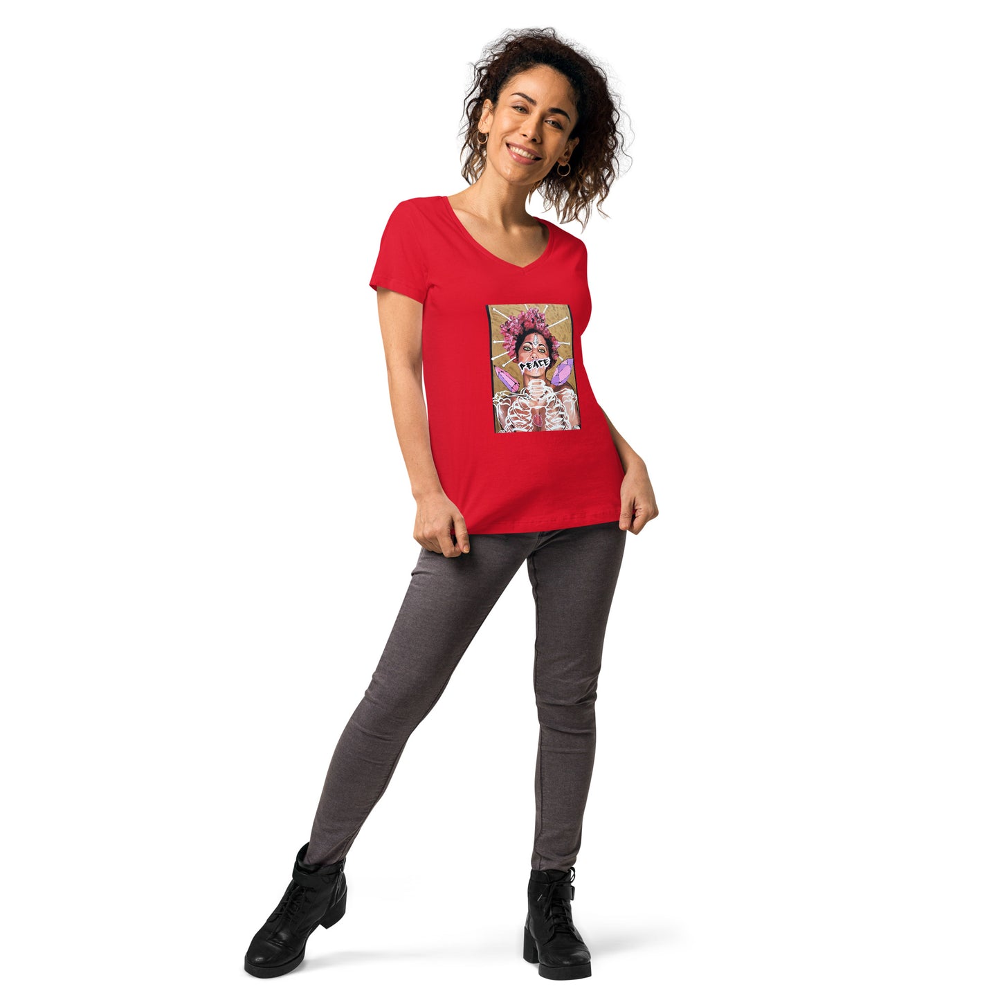 Eng anliegendes Damen-T-Shirt mit V-Ausschnitt PEACE