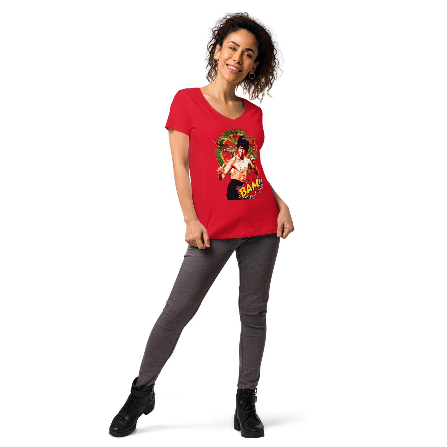 Eng anliegendes Damen-T-Shirt mit V-Ausschnitt Bruce Lee