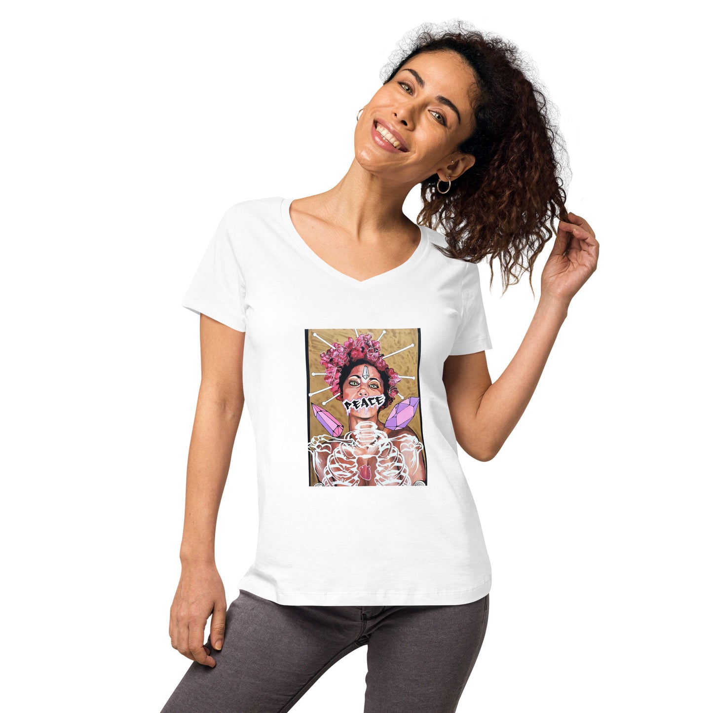 Eng anliegendes Damen-T-Shirt mit V-Ausschnitt PEACE