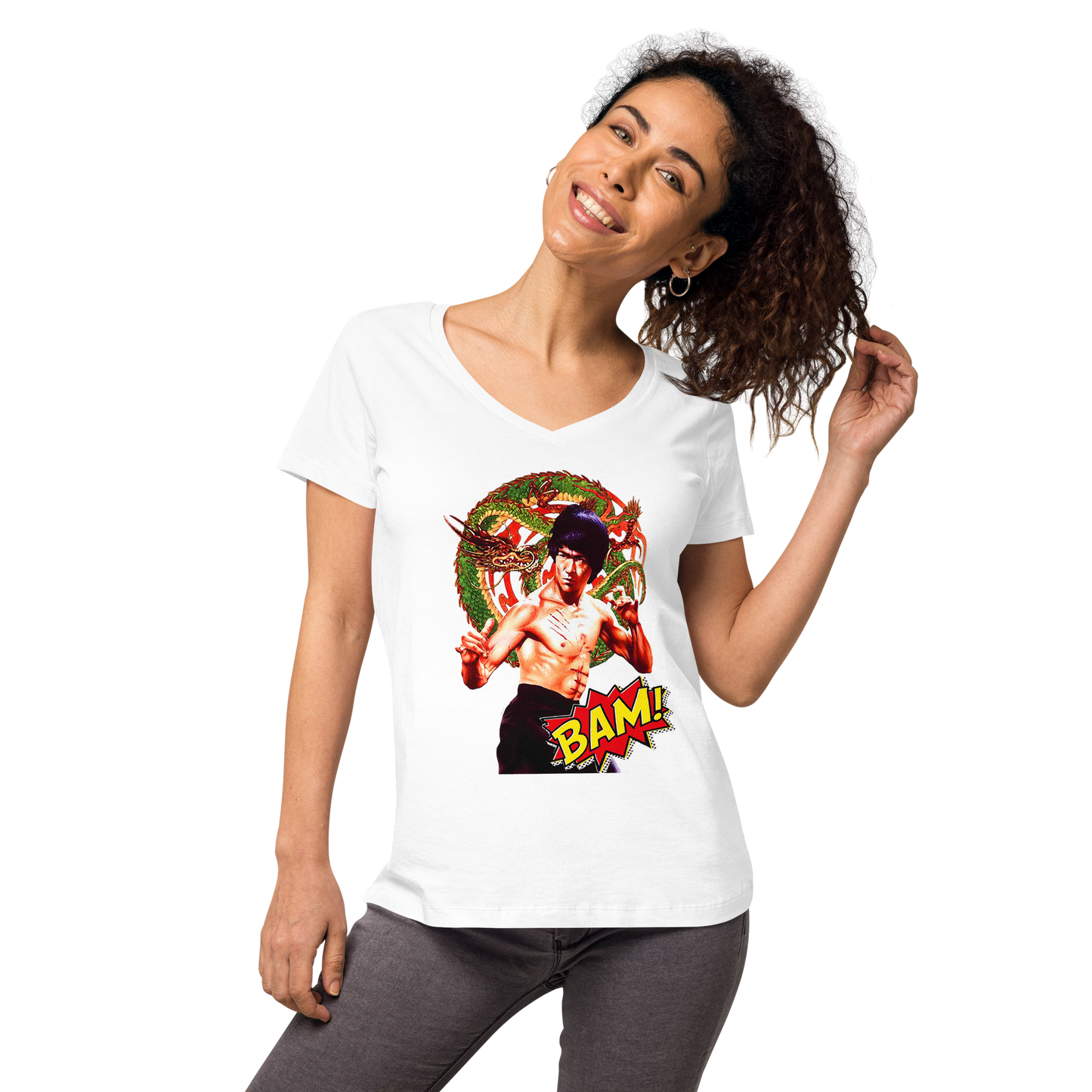 Eng anliegendes Damen-T-Shirt mit V-Ausschnitt Bruce Lee