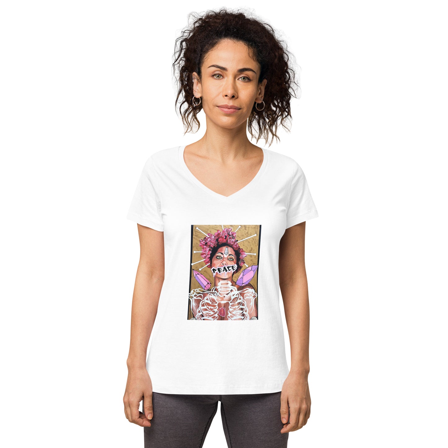 Eng anliegendes Damen-T-Shirt mit V-Ausschnitt PEACE