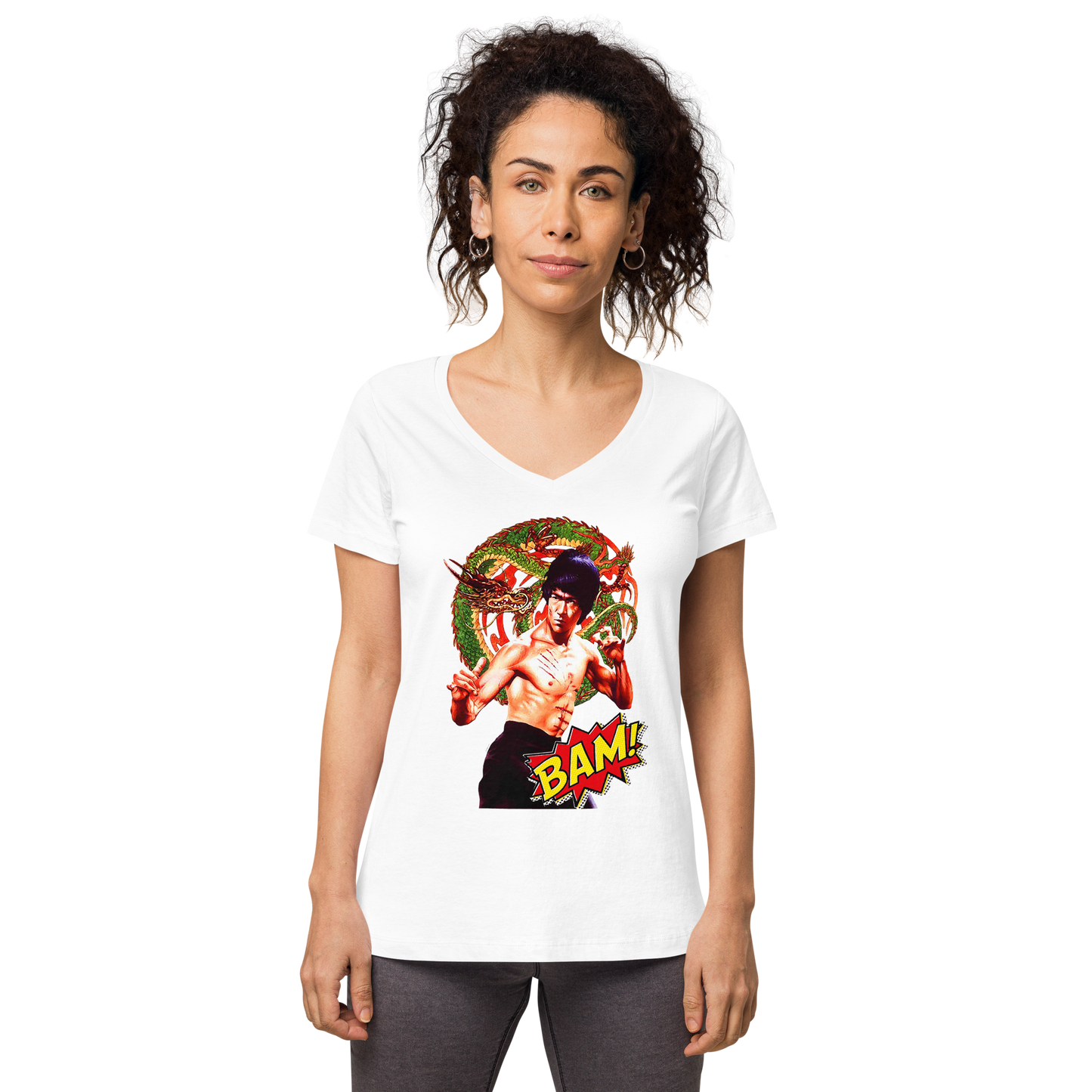 Eng anliegendes Damen-T-Shirt mit V-Ausschnitt Bruce Lee