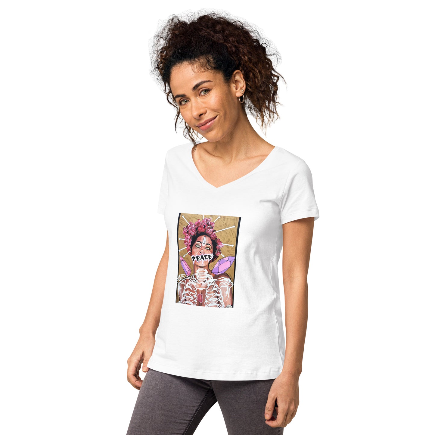 Eng anliegendes Damen-T-Shirt mit V-Ausschnitt PEACE