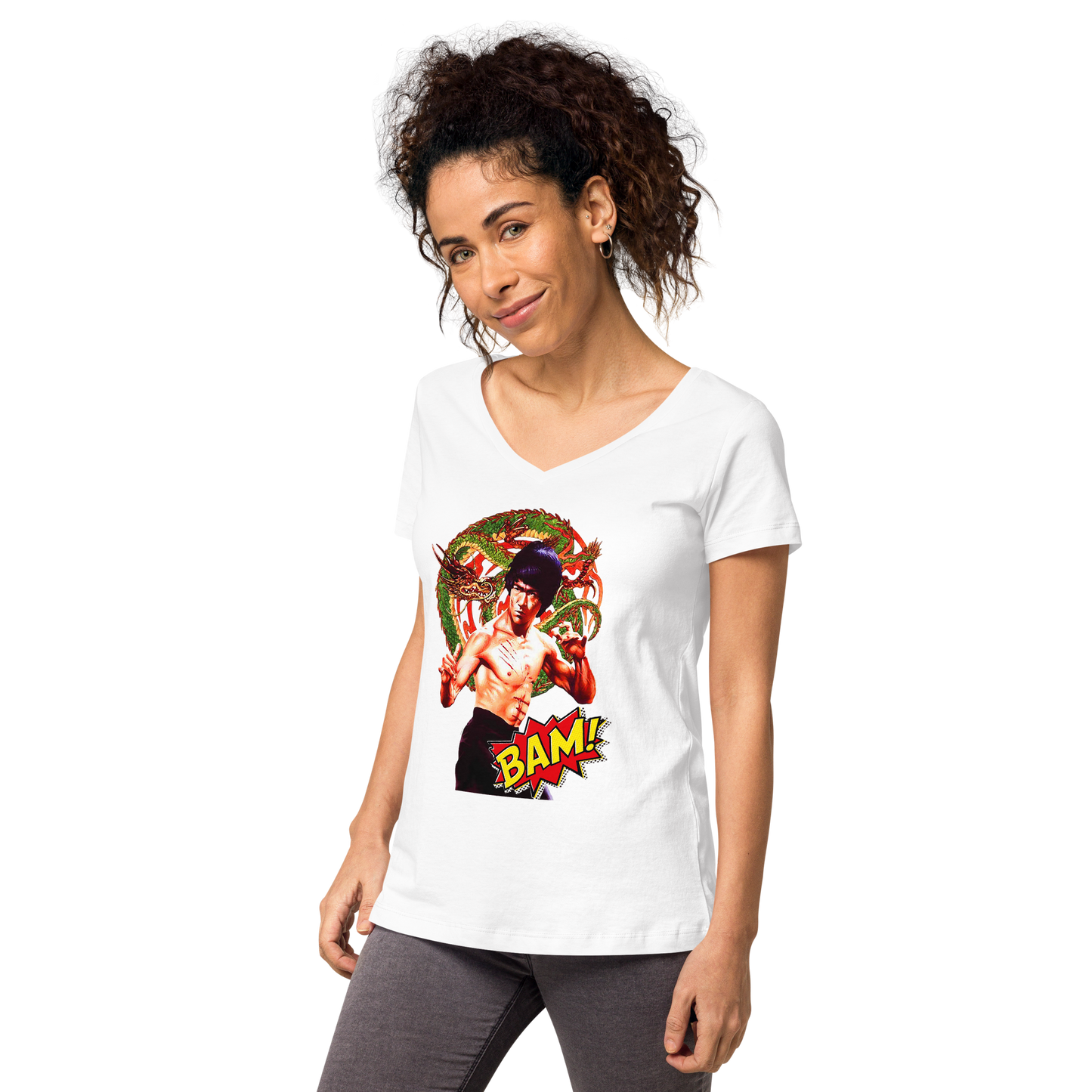 Eng anliegendes Damen-T-Shirt mit V-Ausschnitt Bruce Lee