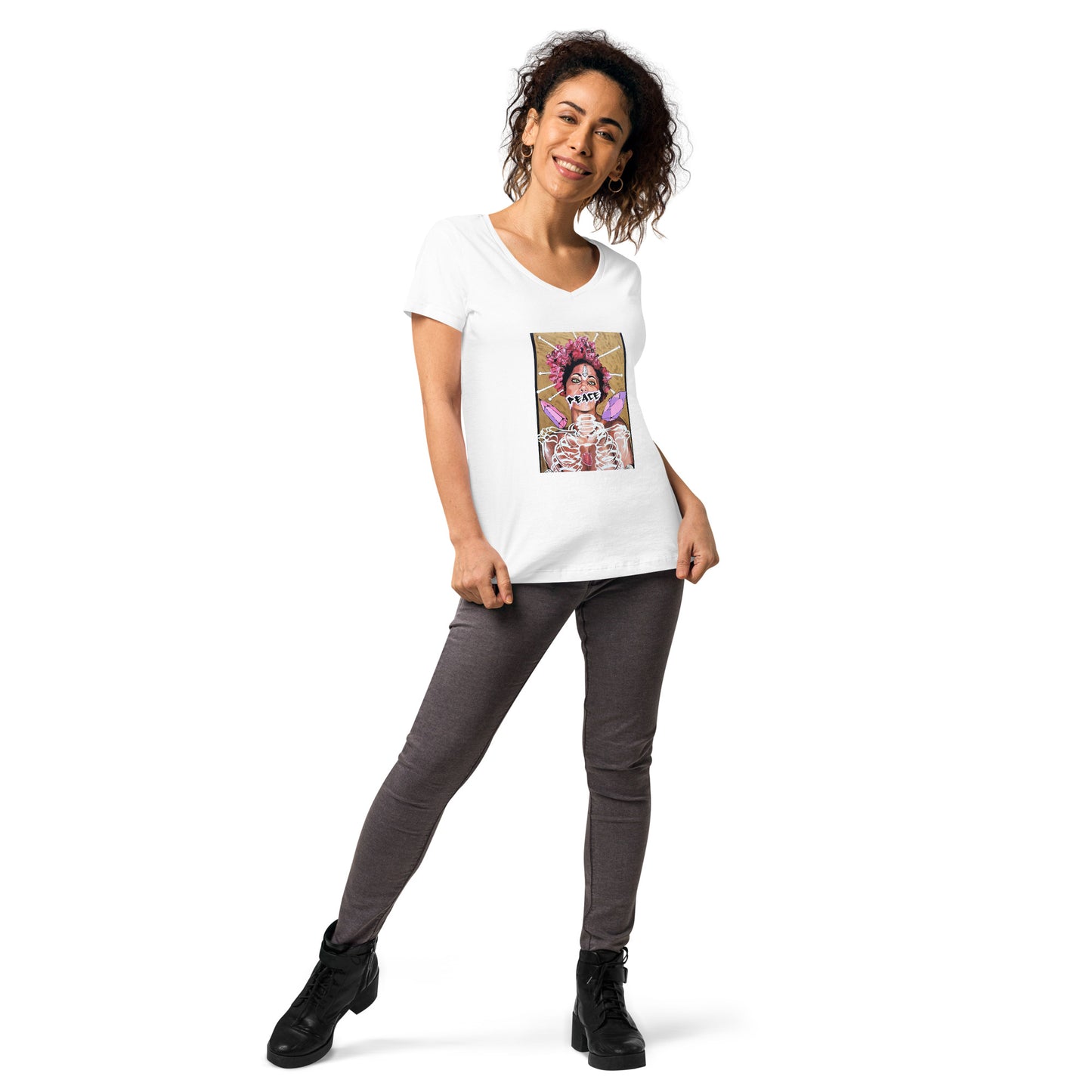 Eng anliegendes Damen-T-Shirt mit V-Ausschnitt PEACE