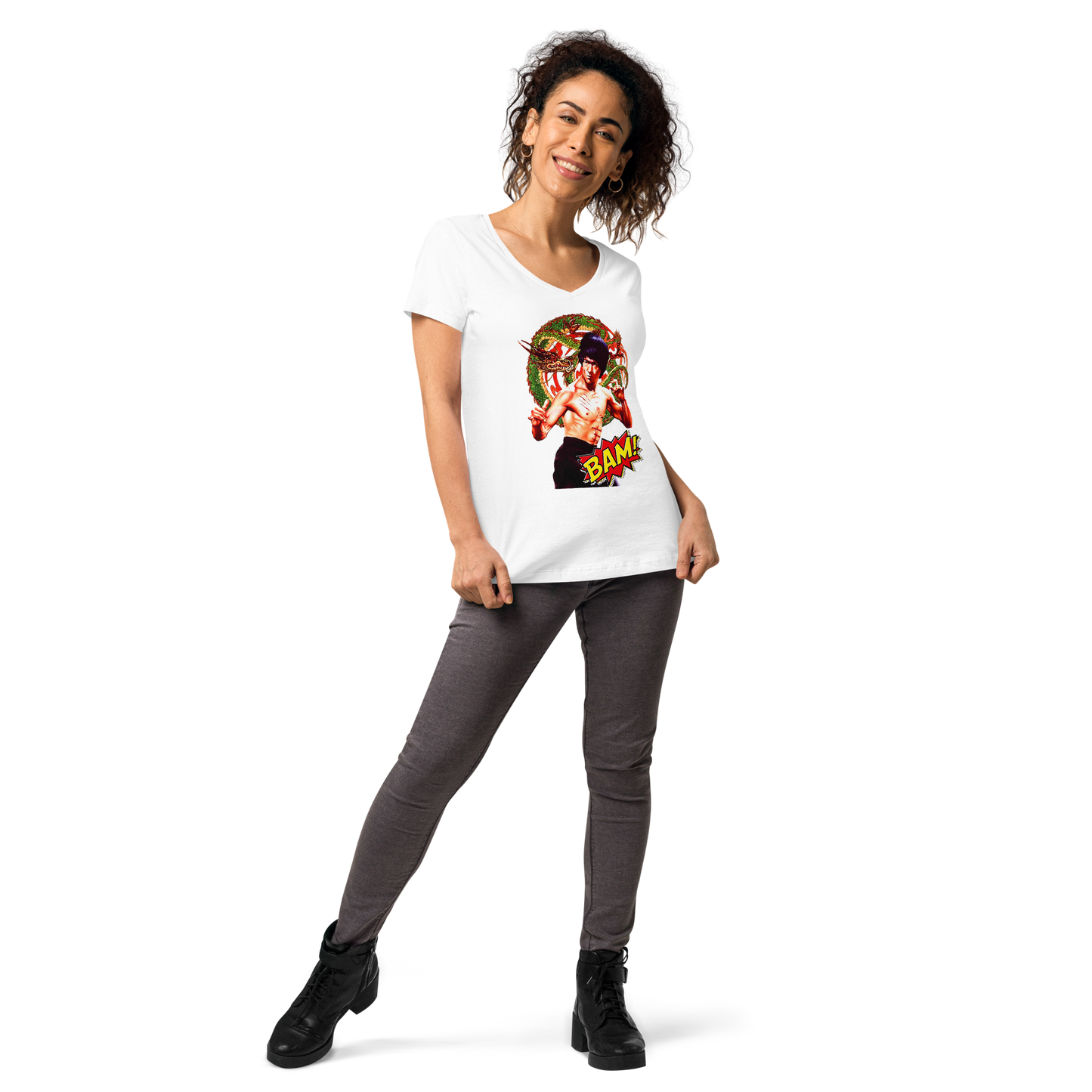 Eng anliegendes Damen-T-Shirt mit V-Ausschnitt Bruce Lee